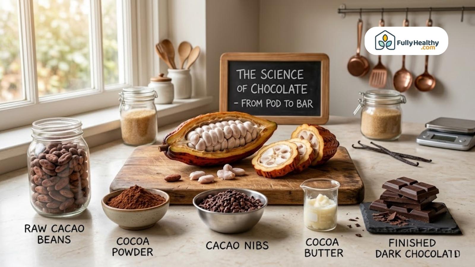 Chocolate production stages from raw cacao beans to finished dark chocolate