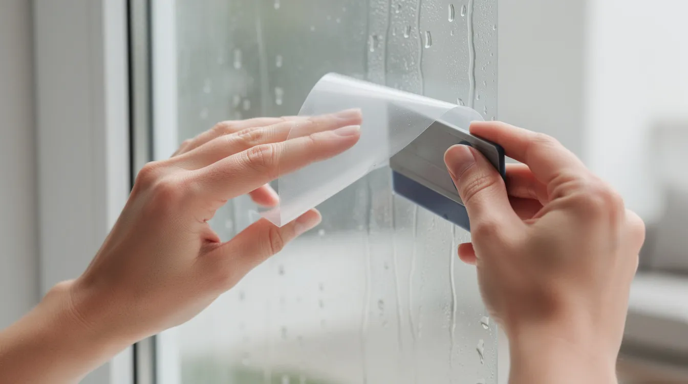 A close-up view shows hands applying privacy window film to a clean glass surface using a squeegee, highlighting the ease of installation for added privacy while allowing natural light to enter the space. The film provides a decorative touch, enhancing the appearance of existing windows in both residential and commercial settings.