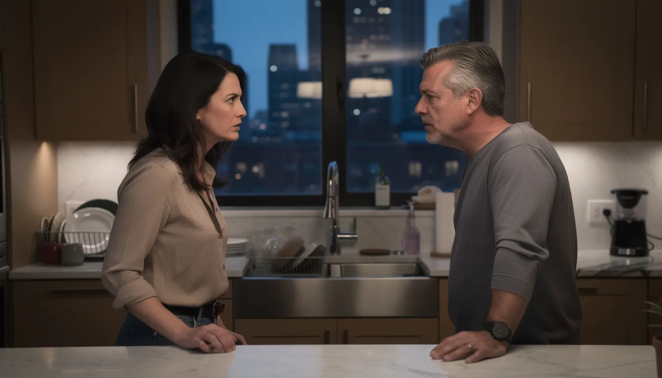A candid, ultra-realistic photo captures a romantic heterosexual couple in their 40s engaged in a quiet argument in a luxury Brooklyn apartment kitchen at night, with subtle signs of contempt visible through eye-rolling and lip curling. The emotionally charged scene is framed by city lights shining through a large window, showcasing their complex relationship dynamics despite the tension, as dishes sit neglected in the sink, reflecting the couple's moment of conflict and connection.