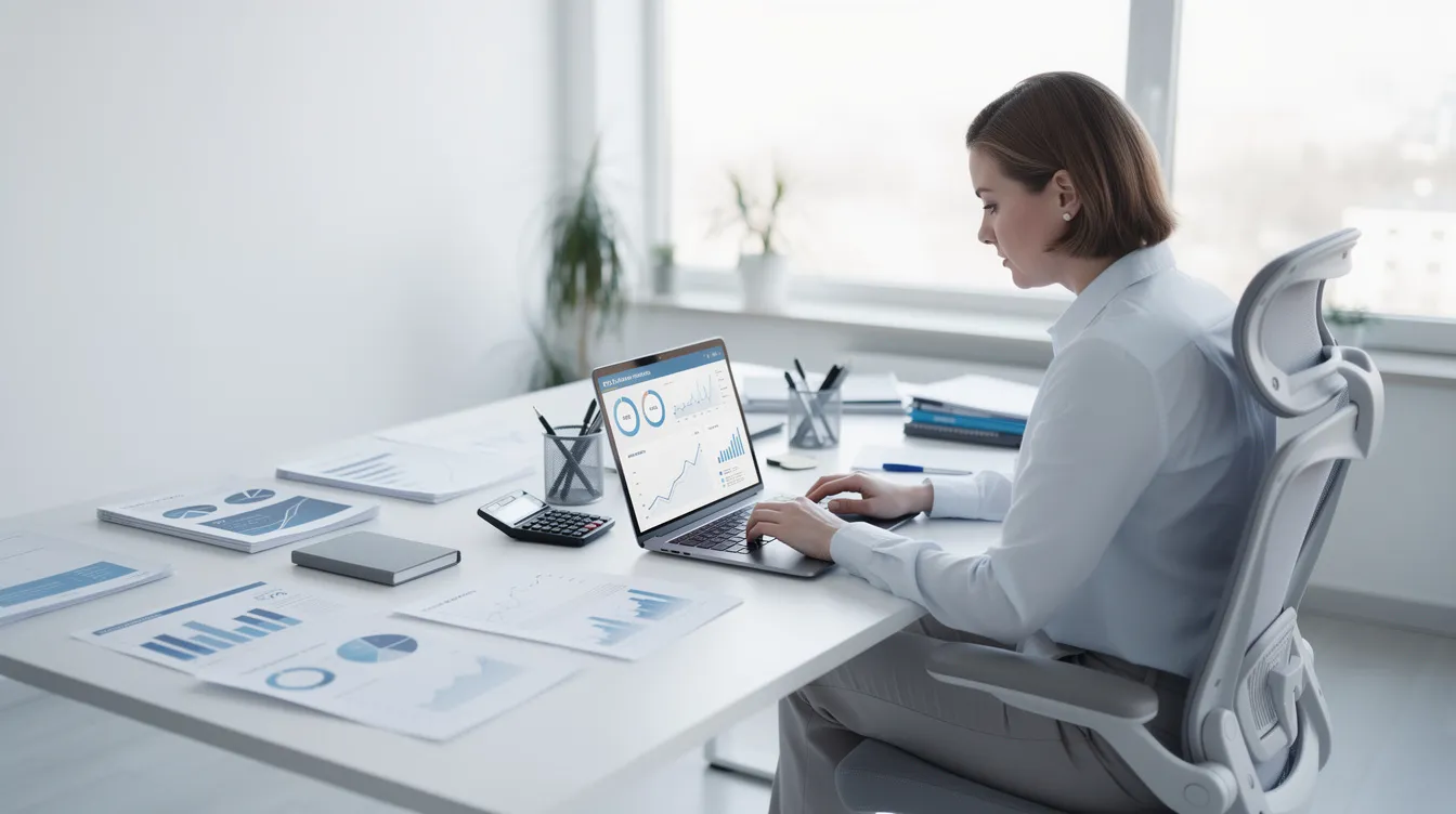 eeb9a1ad 4f0a 4e88 a79a 1a8d8a3fb23a A professional is seated at a tidy desk in a clean office, focused on financial documents and a laptop, emphasizing the importance of financial assistance for eligible borrowers in sectors like agriculture and manufacturing. This setting reflects the role of banks and financial institutions in supporting entrepreneurs through schemes like the Pradhan Mantri Mudra Yojana.