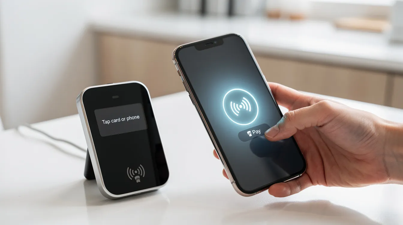 A hand is holding a smartphone near a contactless payment terminal in a bright, modern environment, illustrating a convenient payment method for online money transfers. This image captures the ease of sending money to Turkey using mobile payment options like Google Pay or Apple Pay.