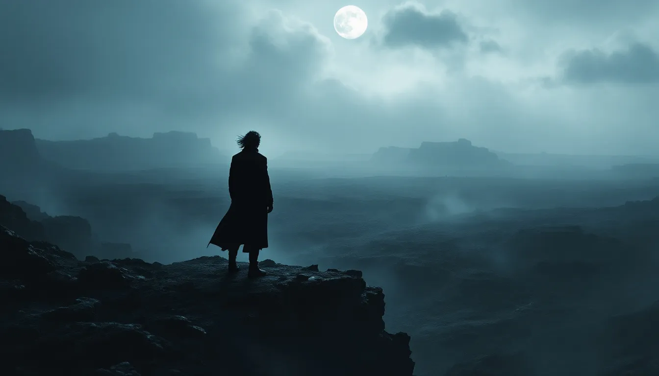 A solitary figure standing at the edge of a cliff, looking out over a vast landscape, symbolizing feeling alone at the top.