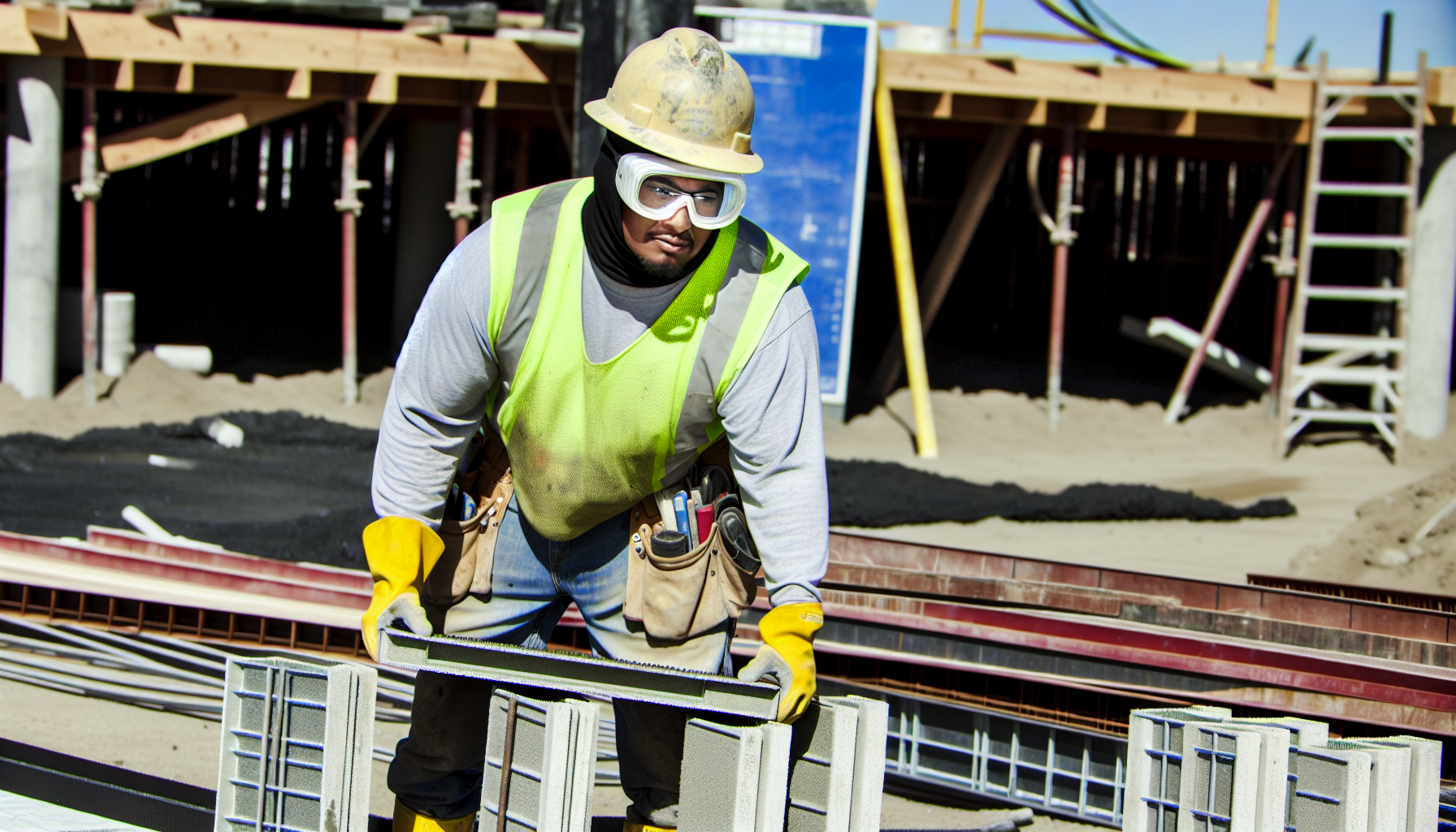 Worker wearing safety gear while handling concrete forms