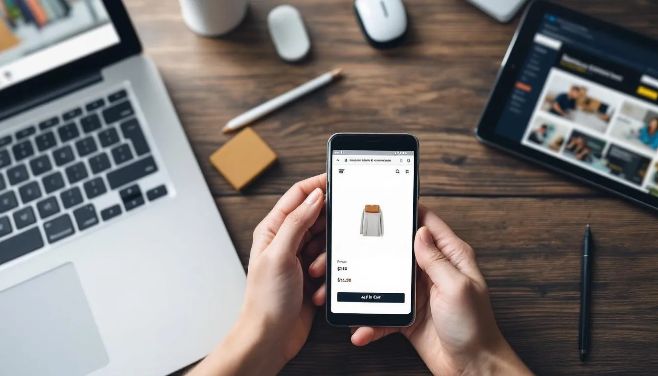 The image illustrates the concept of mobile optimization for online retailers, showcasing a smartphone displaying an online store with user-friendly navigation and engaging content. It emphasizes the importance of effective ecommerce marketing strategies, including social media marketing and search engine optimization, to enhance website traffic and boost online sales.