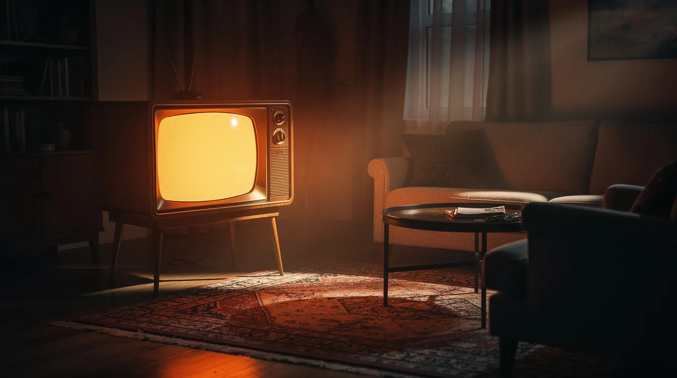 Ein klassisches Fernsehgerät steht in einem abgedunkelten Wohnzimmer und strahlt warmes Licht auf die Möbel, wodurch eine dramatische Stimmung entsteht, die an spannende Fernsehdramen erinnert. Die Atmosphäre lädt dazu ein, die Charaktere und Handlungsstränge der Serie zu verfolgen.