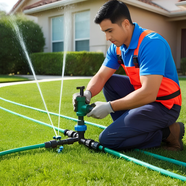 An image showing a plumber repairing an irrigation system in a residential yard.