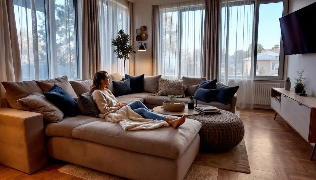 In this image, a homeowner is seen relaxing comfortably in a living room that is perfectly maintained by an efficient heating and cooling system, showcasing the benefits of proper air conditioning and heating. The cozy atmosphere reflects the importance of HVAC services in ensuring customer satisfaction and optimal air quality year-round.
