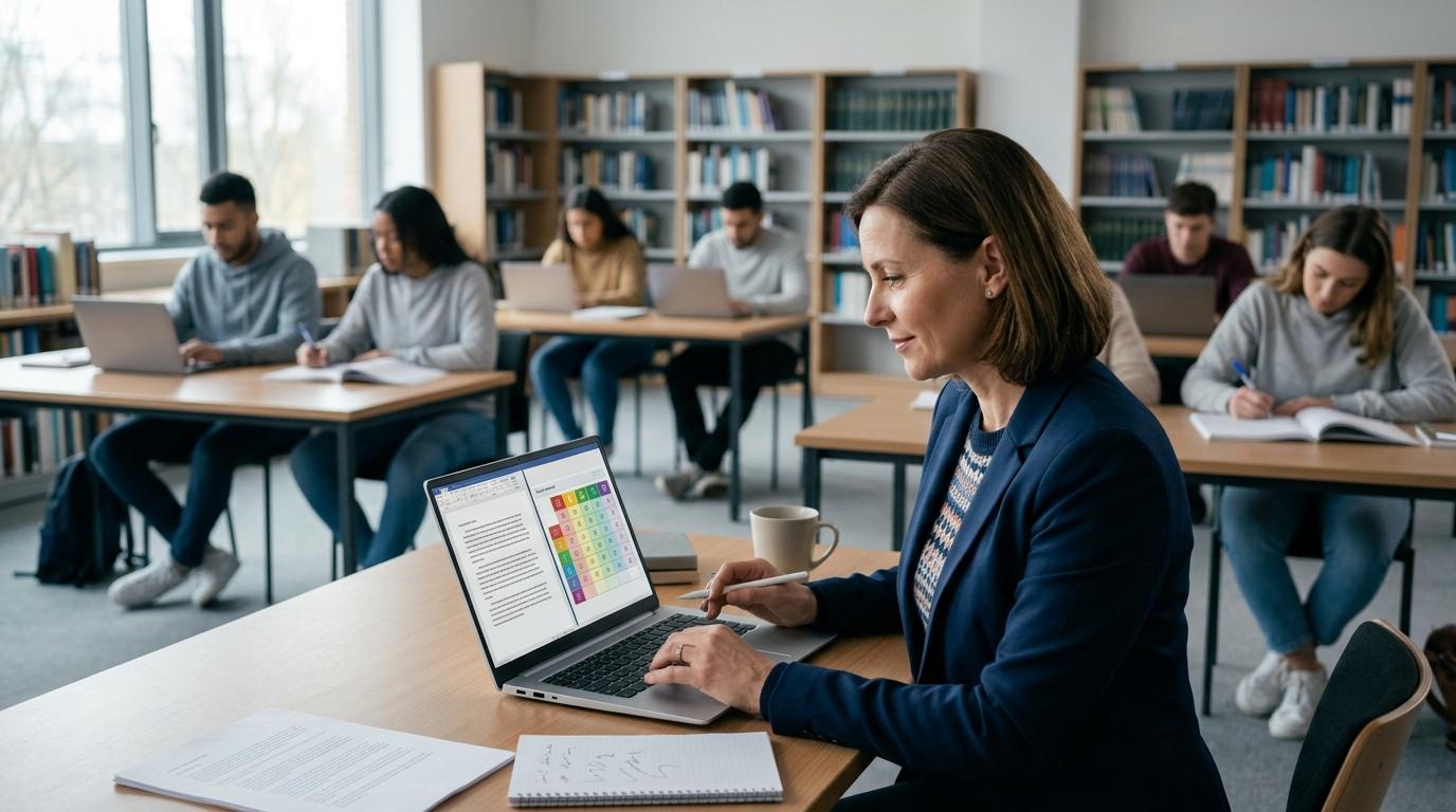 University professor efficiently reviewing AI-generated rubric feedback while students revise essays independently, emphasizing time savings across the teaching workflow, professional educational environment.