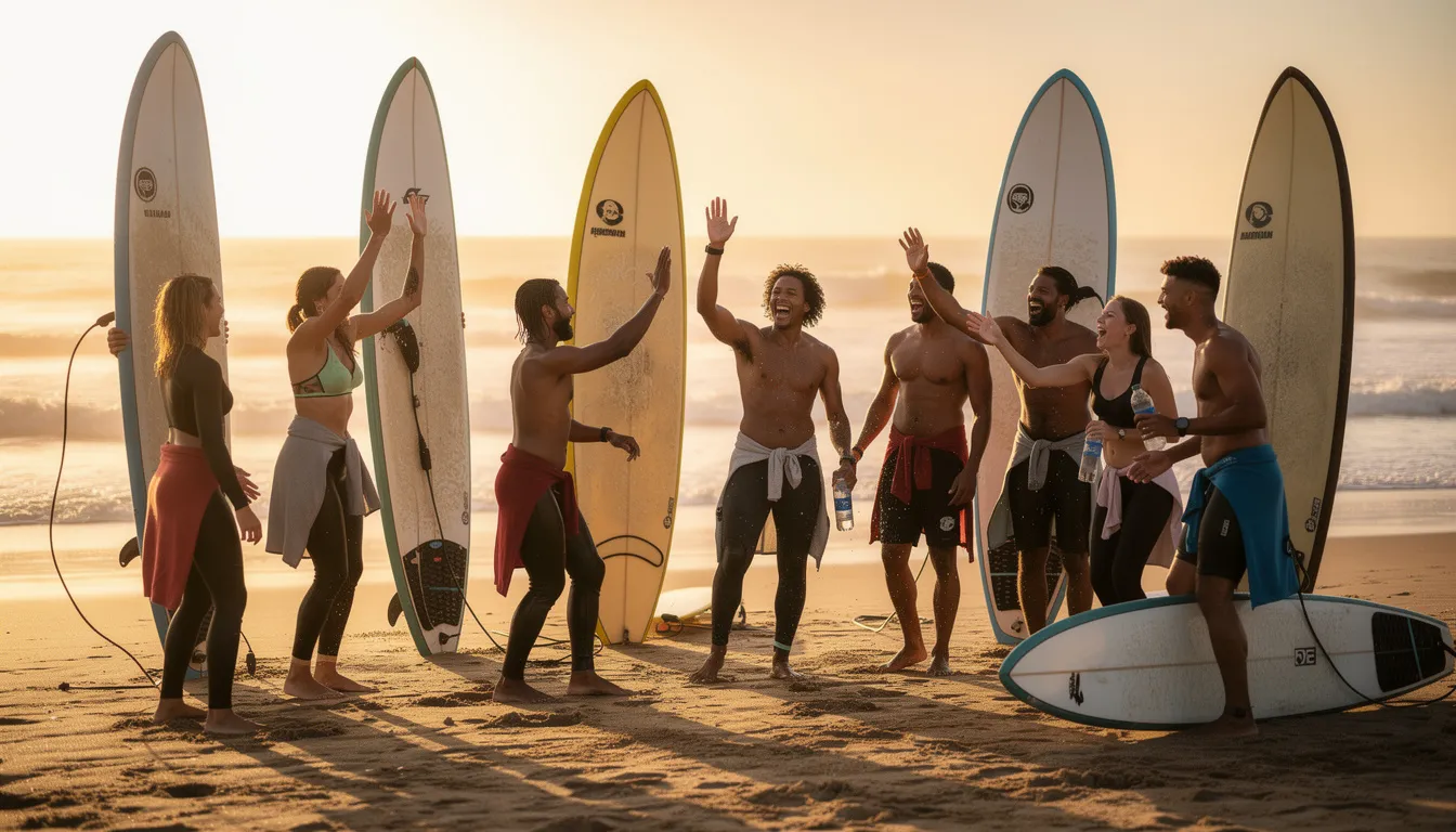 Un grupo de amigos celebra en la playa después de una emocionante sesión de surf, rodeados de olas y disfrutando del clima soleado. La escena refleja la alegría y camaradería de los surfistas, quienes han compartido momentos de deporte y diversión en este hermoso destino costero.