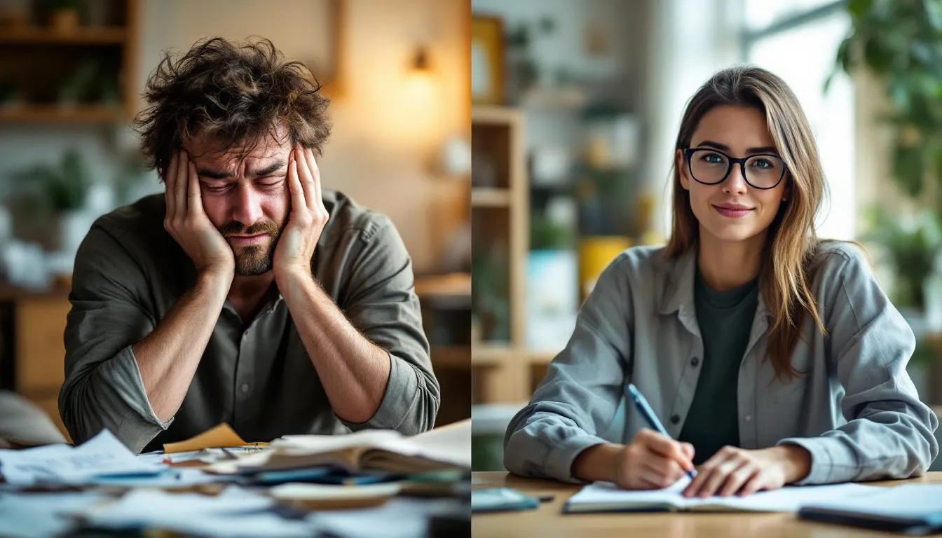 In the image, one person appears overwhelmed and stressed, surrounded by scattered books and notes, symbolizing crammed learning, while another person is relaxed and smiling, engaging with study materials in a pleasant environment, illustrating the benefits of spaced learning that can enhance retention by up to 90%. This contrast highlights the effectiveness of schema therapy training programs that promote a more enjoyable and effective learning experience.