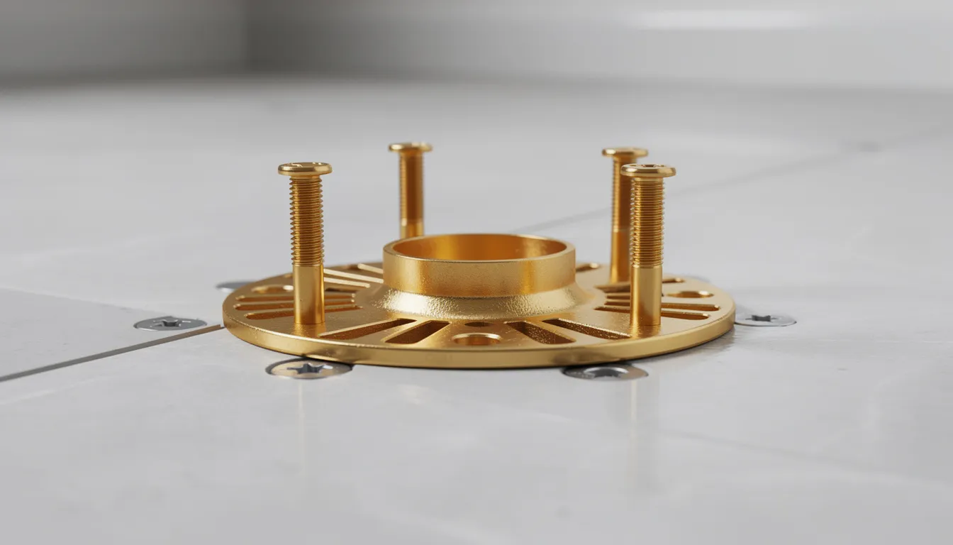 A close-up view of a clean toilet flange is shown, featuring newly installed brass closet bolts on a bathroom floor, ready for the next step in toilet installation. The flange is securely positioned, ensuring a proper seal with the wax ring for a leak-free connection to the waste pipe.