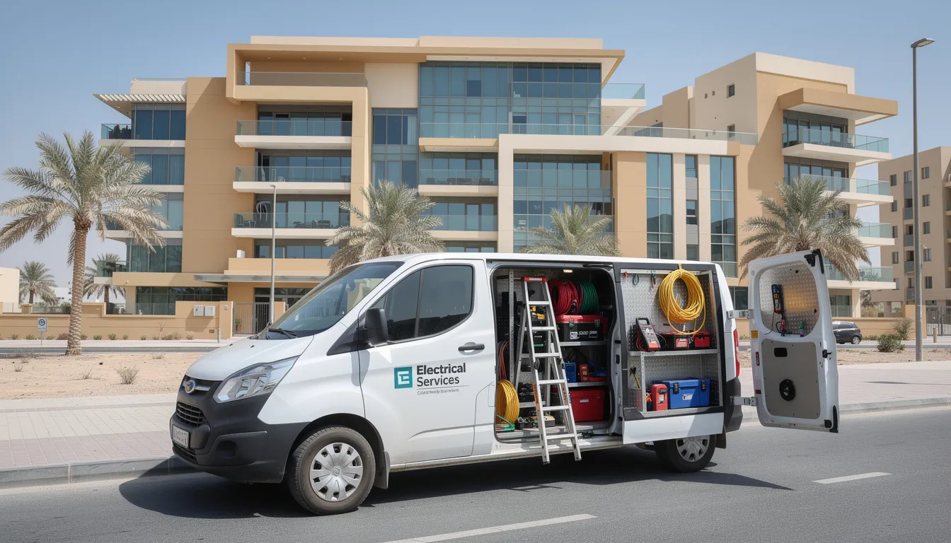 A service van equipped with various electrician tools is parked outside a modern apartment building in Dubai, ready to address any electrical issues or provide emergency electrical services. The van represents a reliable electrical maintenance company, prepared to ensure the optimal performance of existing electrical systems in the area.
