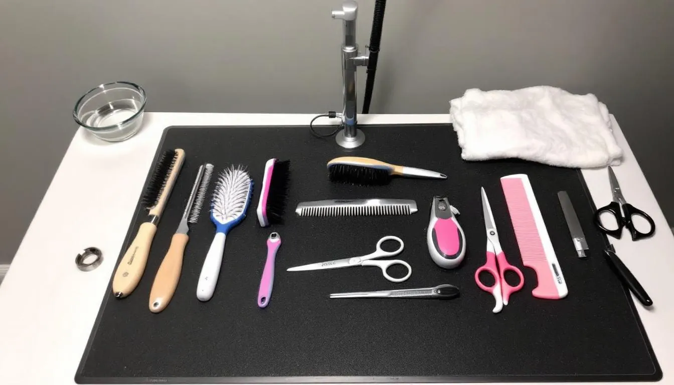 The image features a neatly arranged set of professional grooming tools specifically designed for the care of F1B Miniature Goldendoodles, including brushes and combs suitable for their curly, hypoallergenic coats. This setup is ideal for first-time dog owners looking to maintain the grooming needs of their affectionate and intelligent mini goldendoodle companions.