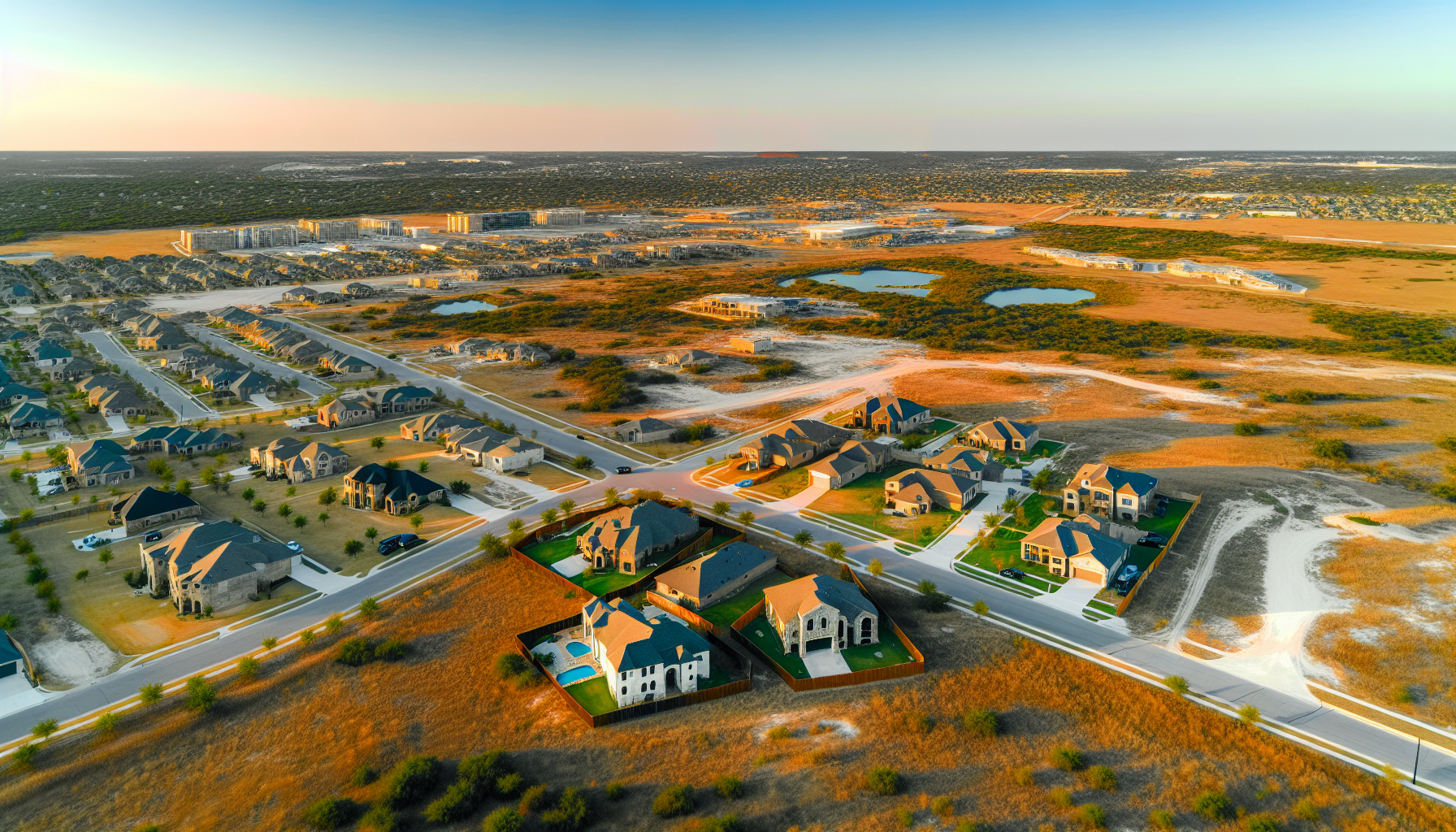 Aerial view of Texas landscape with real estate properties