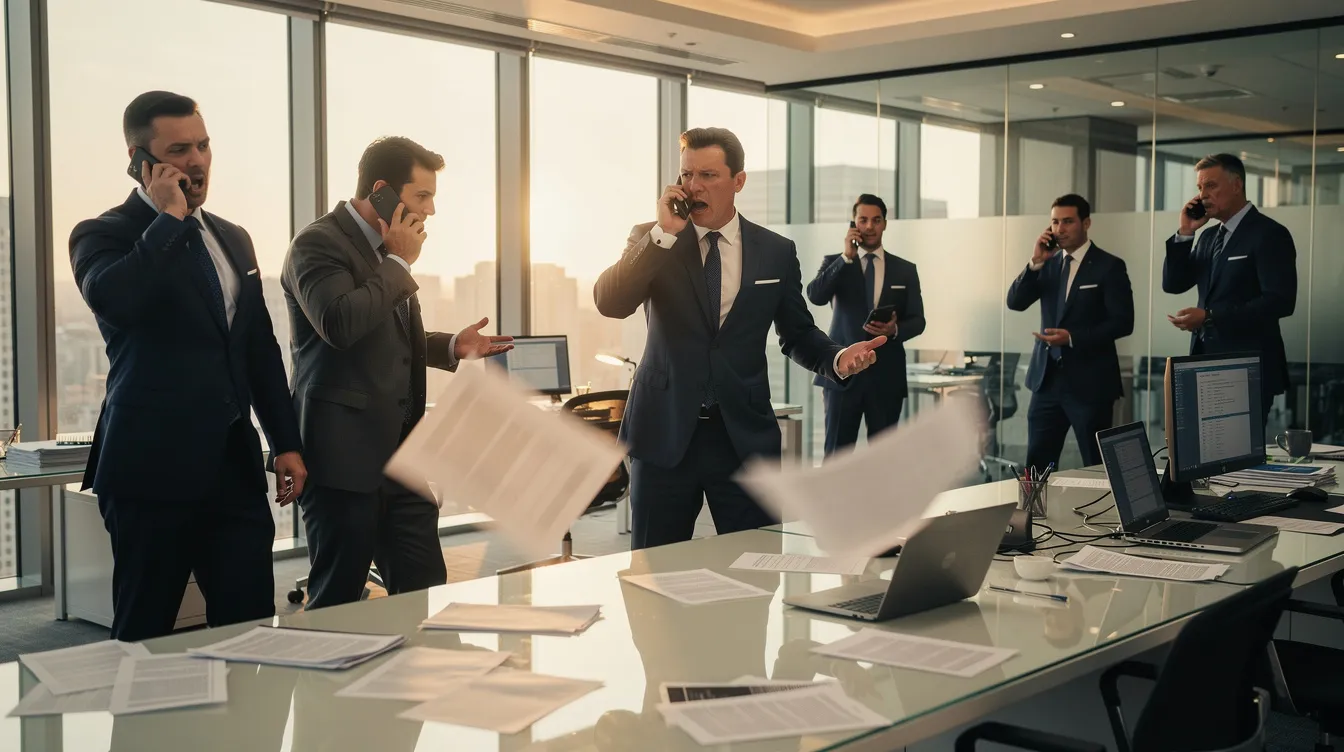 Das Bild zeigt ein elegantes Büro, in dem Männer in Anzügen hektisch telefonieren und Papiere durch die Luft fliegen, was eine energiegeladene Atmosphäre vermittelt, die an die Szenen aus "The Wolf of Wall Street" erinnert. Die geschäftige Umgebung spiegelt den Druck und die Dynamik des Börsenhandels wider, ähnlich wie im Film von Martin Scorsese.