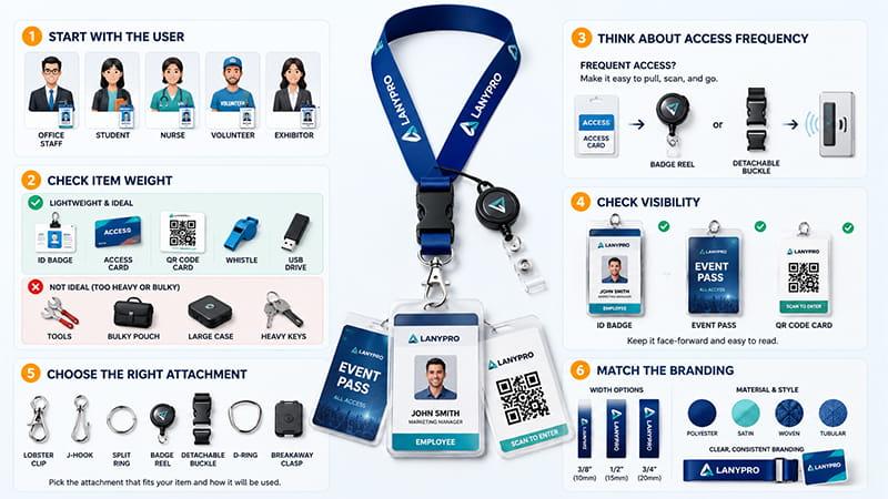 Lanyard selection guide showing user type, item weight, access frequency, visibility, attachments, and branding options.