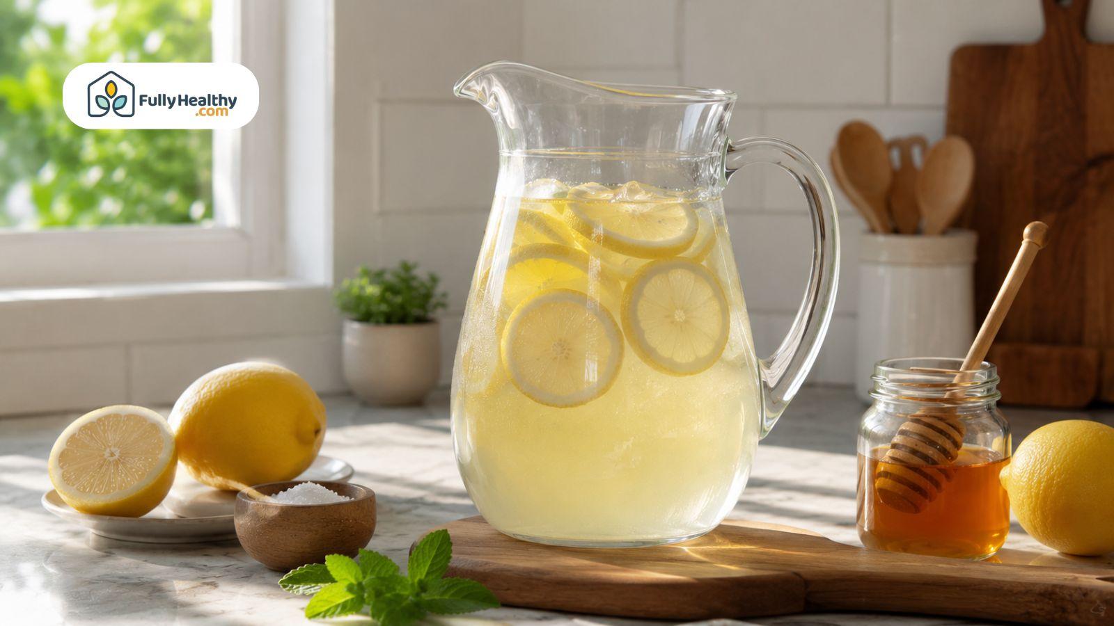 Homemade electrolyte drink with lemon, honey, salt, and water in glass pitcher.