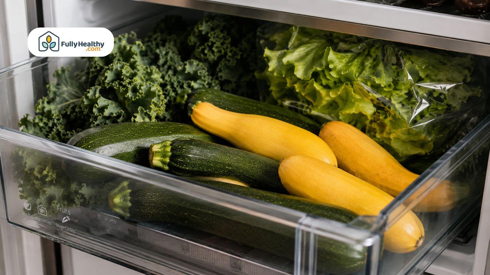 Fresh zucchini and yellow squash stored inside refrigerator crisper drawer