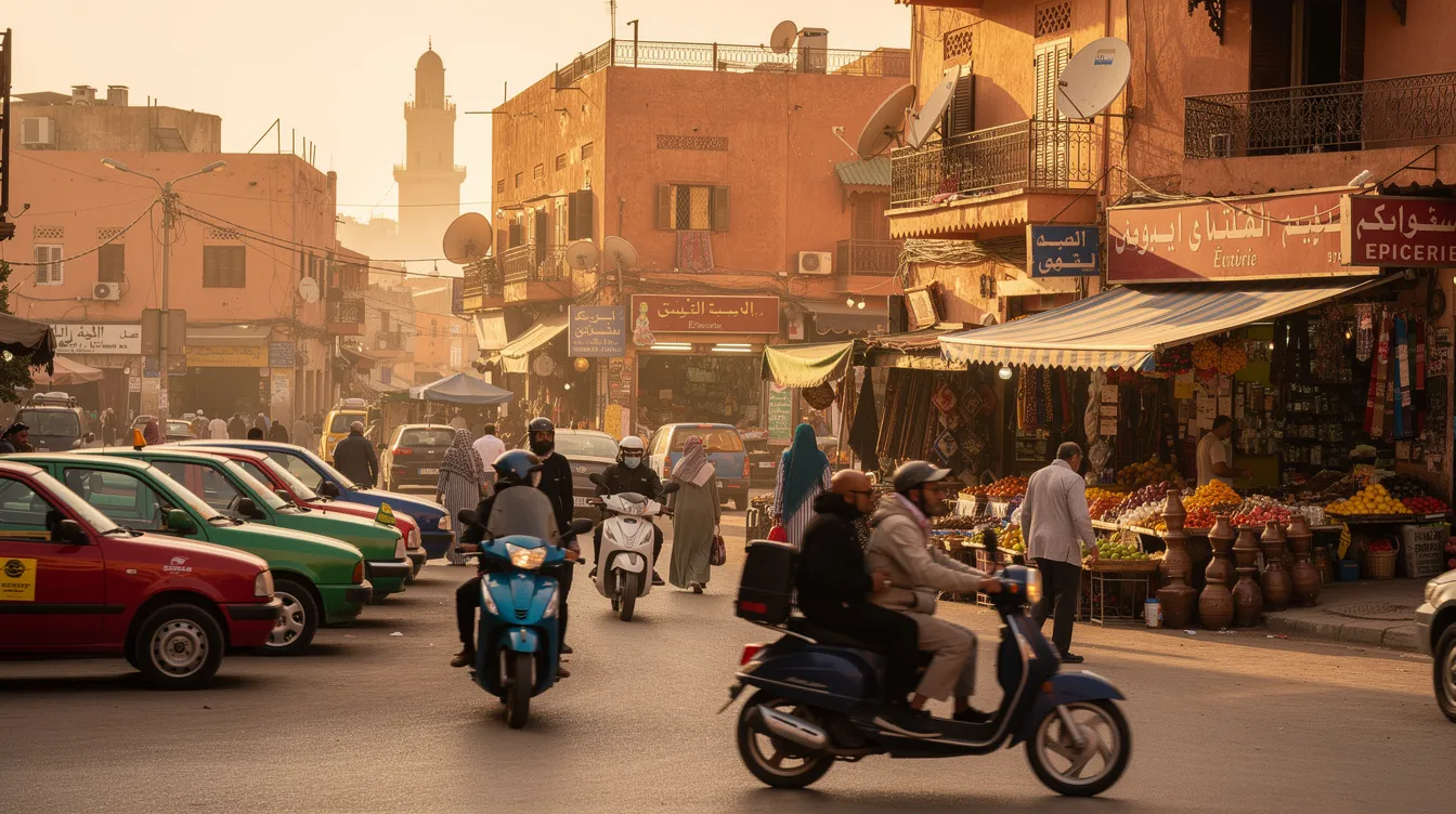 The image depicts a bustling Moroccan city street filled with vibrant taxis and scooters weaving through crowds of pedestrians near a lively market area. This scene reflects the dynamic urban life in Morocco, where visitors might consider car rental options for exploring the city and its surroundings.