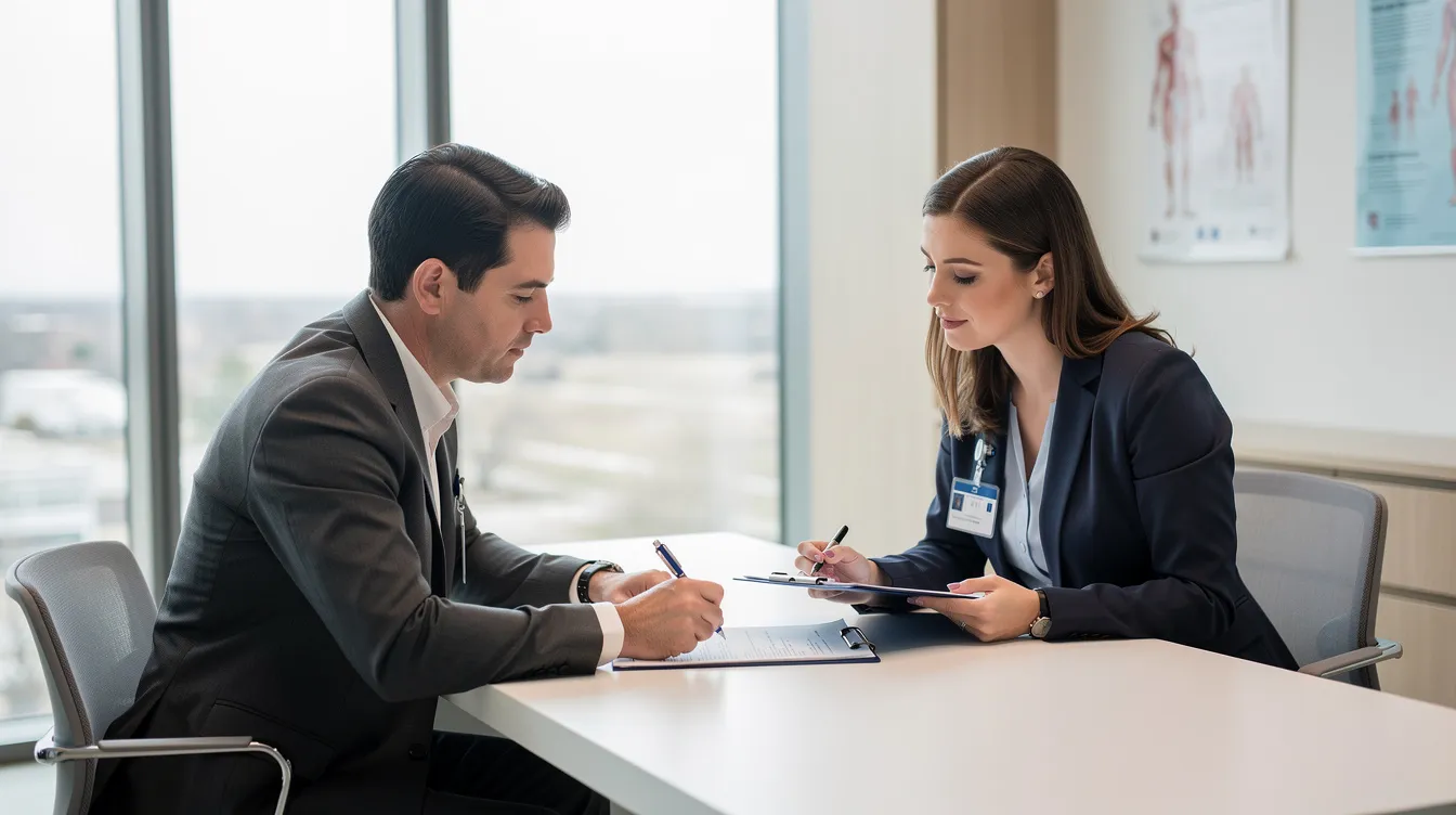 In a bright, modern medical office, a patient and a clinic coordinator are seated across a desk, collaboratively reviewing paperwork related to flexible payment options for plastic surgery procedures. The atmosphere is professional and welcoming, as they discuss financing options and payment plan terms for potential treatments.