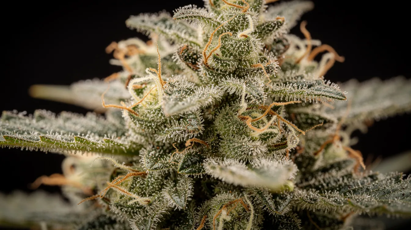 A close-up macro photograph showcases frosty trichome-covered cannabis buds of the pineapple express strain, featuring vibrant orange pistils against a dark background. This sativa dominant hybrid is known for its sweet and tropical taste, uplifting effects, and is popular among cannabis enthusiasts for its euphoric and energizing qualities.