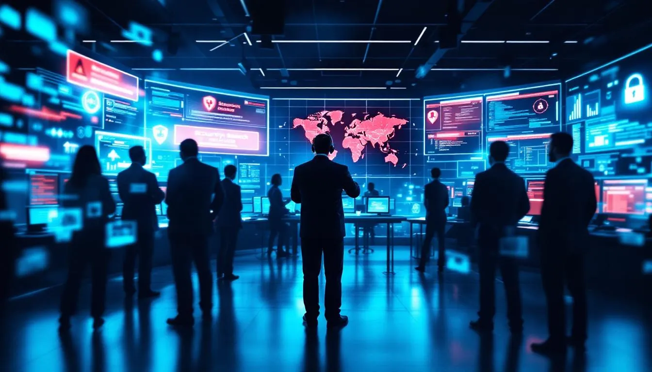 The image depicts a high-tech cyber defense control room, dimly lit with blue glows from multiple monitors displaying dynamic data streams and alert messages about active cyber threats, specifically highlighting the United States. In the center, a focused IT security analyst, wearing a headset, is urgently responding to a “Security Breach Detected” alert, while blurred figures of colleagues collaborate in the background, emphasizing the seriousness of protecting sensitive information against cyber attacks.