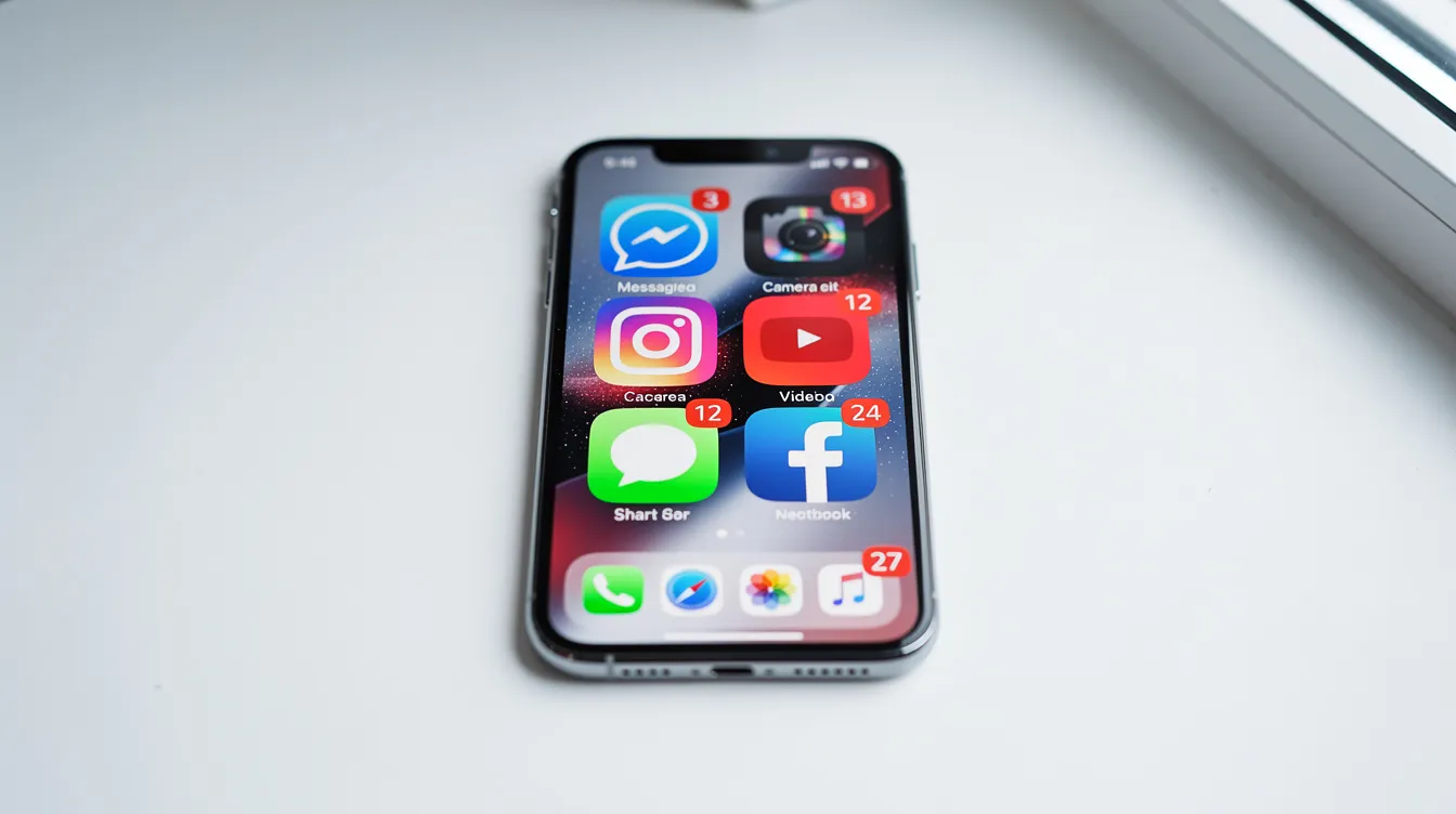 Auf dem Bildschirm eines Smartphones sind verschiedene Symbole von sozialen Medien zu sehen, die mit Benachrichtigungssymbolen versehen sind. Diese Darstellung zeigt die Wichtigkeit von Social Media im Affiliate Marketing und wie Nutzer durch Interaktionen mit diesen Plattformen Geld verdienen können.