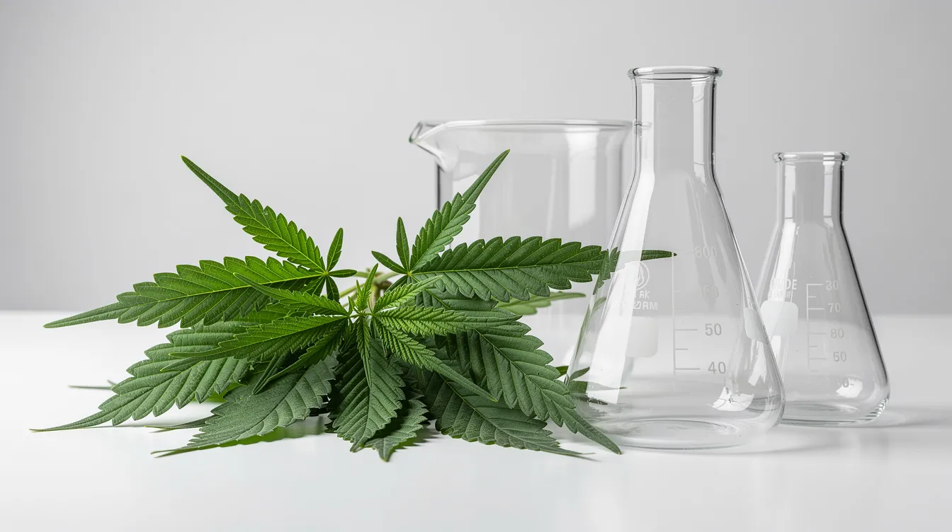 The image features vibrant green hemp leaves arranged next to glass laboratory beakers on a clean white surface, symbolizing the connection between hemp cultivation and hemp derived products. This setting highlights the scientific exploration of hemp derived cannabinoids, including delta 8 and delta 9 THC, in accordance with federal law and state regulations.