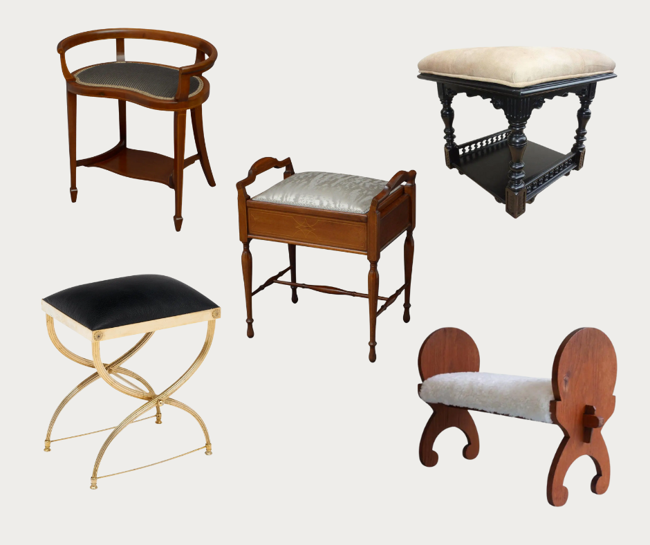 a collage of vintage and antique stools that would be good candidates for reupholstery