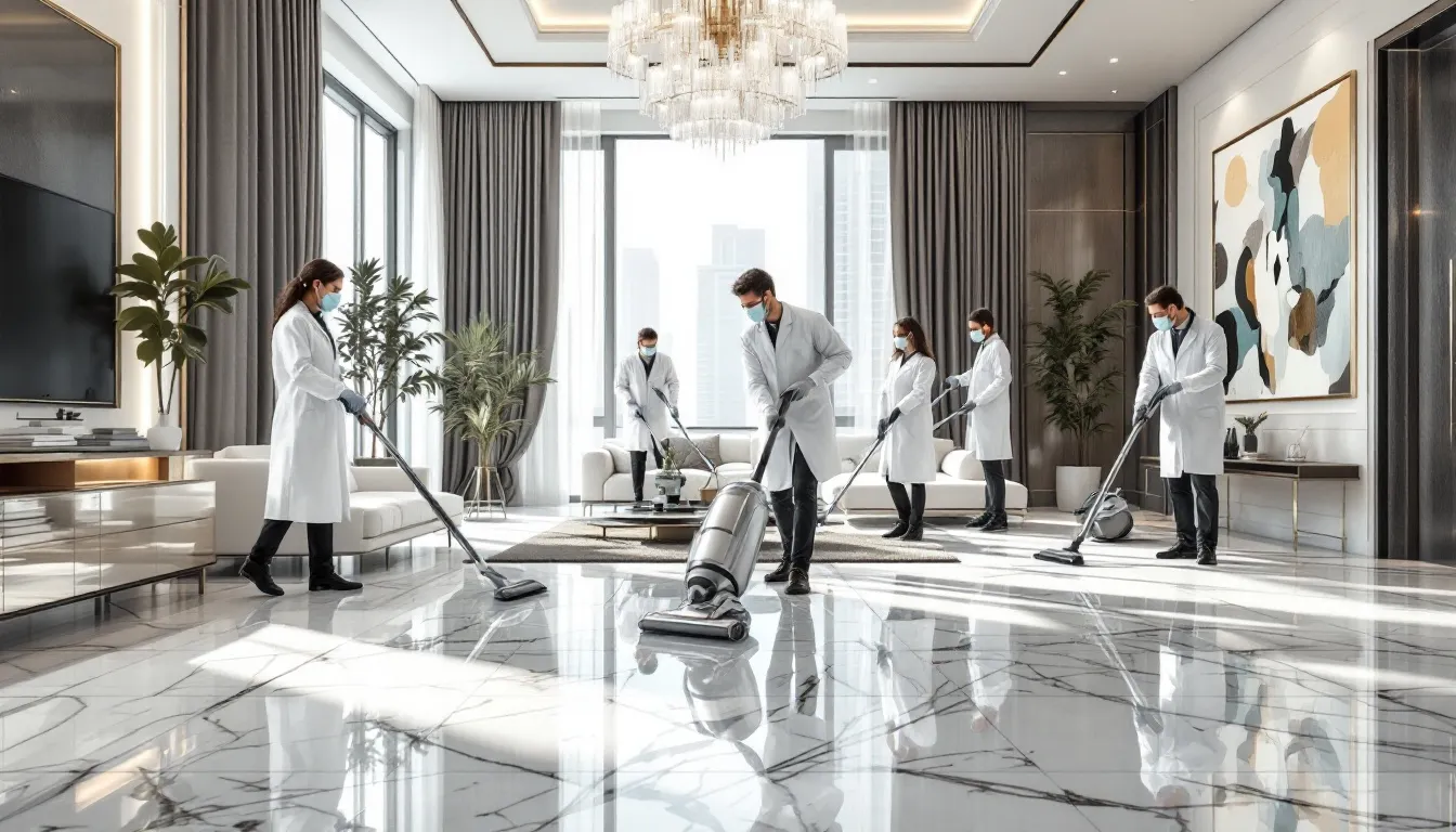 A team of trained professionals using advanced tools for deep cleaning services.