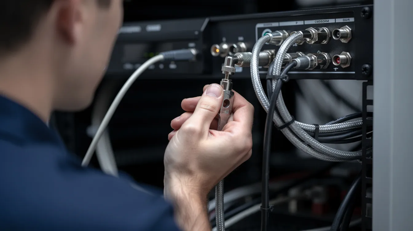 A technician is closely inspecting coaxial cable connections behind a DSTV HD decoder, ensuring proper installation and connectivity for optimal service. The image highlights the attention to detail and professionalism of accredited DSTV installers in South Africa.