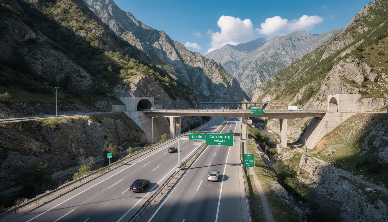 Une autoroute moderne en Turquie serpente à travers un paysage montagneux, offrant une vue spectaculaire sur les sommets environnants. Cette route est idéale pour ceux qui souhaitent louer une voiture et explorer les magnifiques paysages de la Turquie lors de leurs vacances.