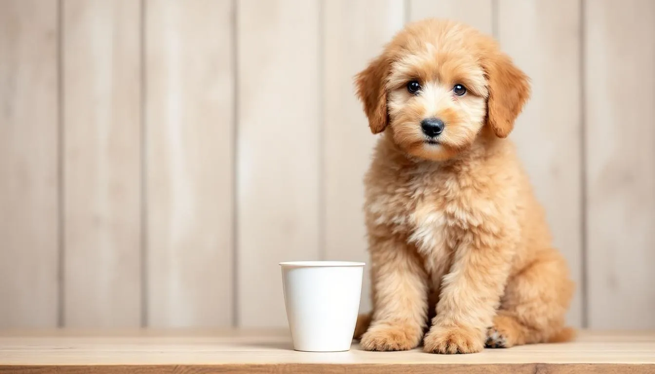 An adult micro teacup goldendoodle sits next to a coffee cup, providing a clear size comparison that highlights its compact stature. The adorable dog showcases its hypoallergenic coat and charming demeanor, typical of this lovable hybrid breed.