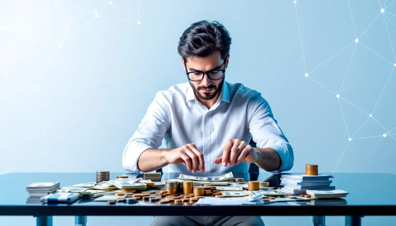 A person counting various denominations of cash and coins.