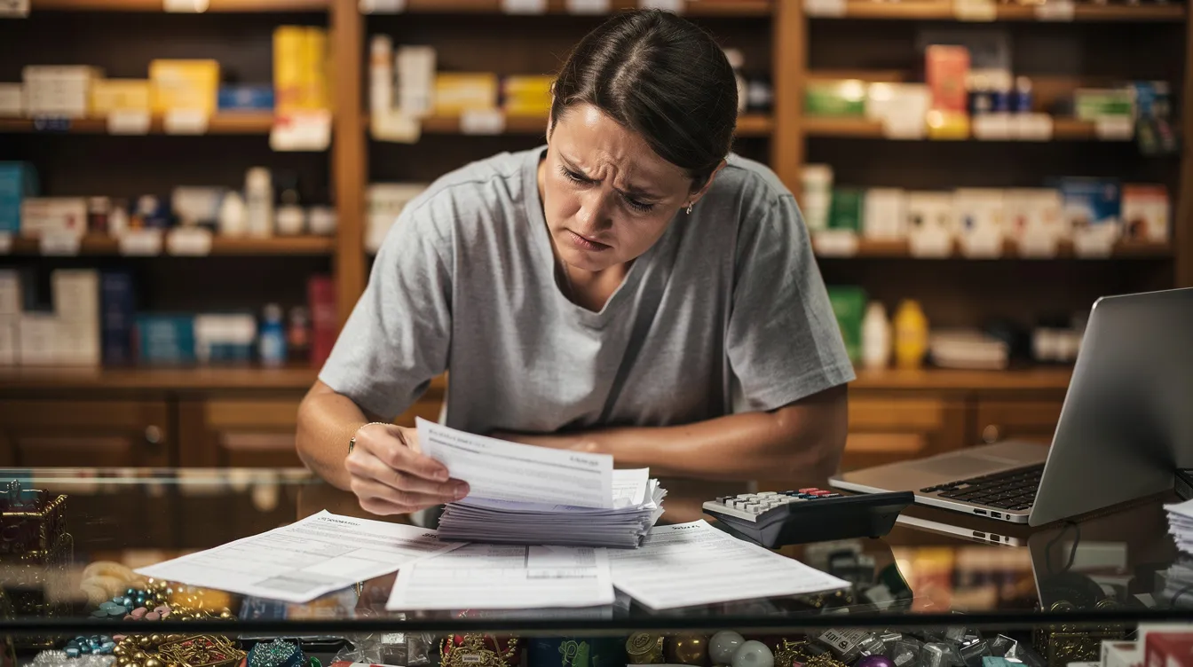 A small business owner sits at a shop counter, looking concerned as they review a loan approval letter and other bank documents, indicating their focus on financial matters related to their business. The atmosphere suggests a need for careful consideration of their cash flow and repayment capacity for potential business loans.
