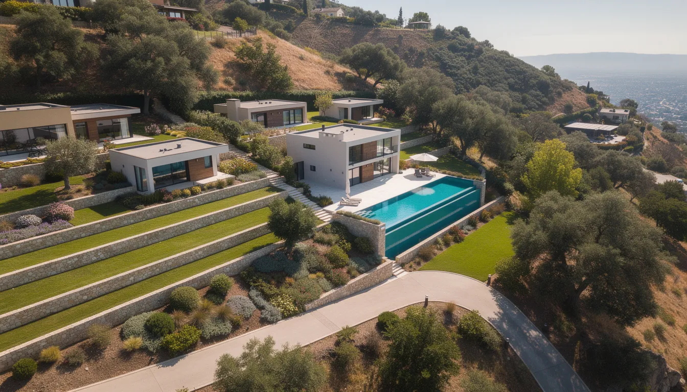 An aerial view showcases a hillside property in Los Angeles featuring multiple buildings, a swimming pool, and beautifully terraced landscaping. This image highlights the importance of security systems, such as security cameras and video surveillance, for homeowners looking to enhance their property’s safety.