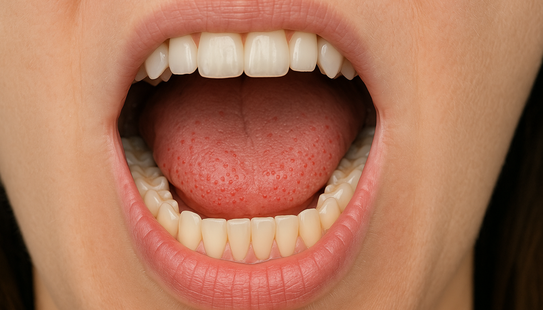 "Nærbilde av åpen munn som viser små røde blodflekker på tungen, typisk for petekkier i munnhulen."