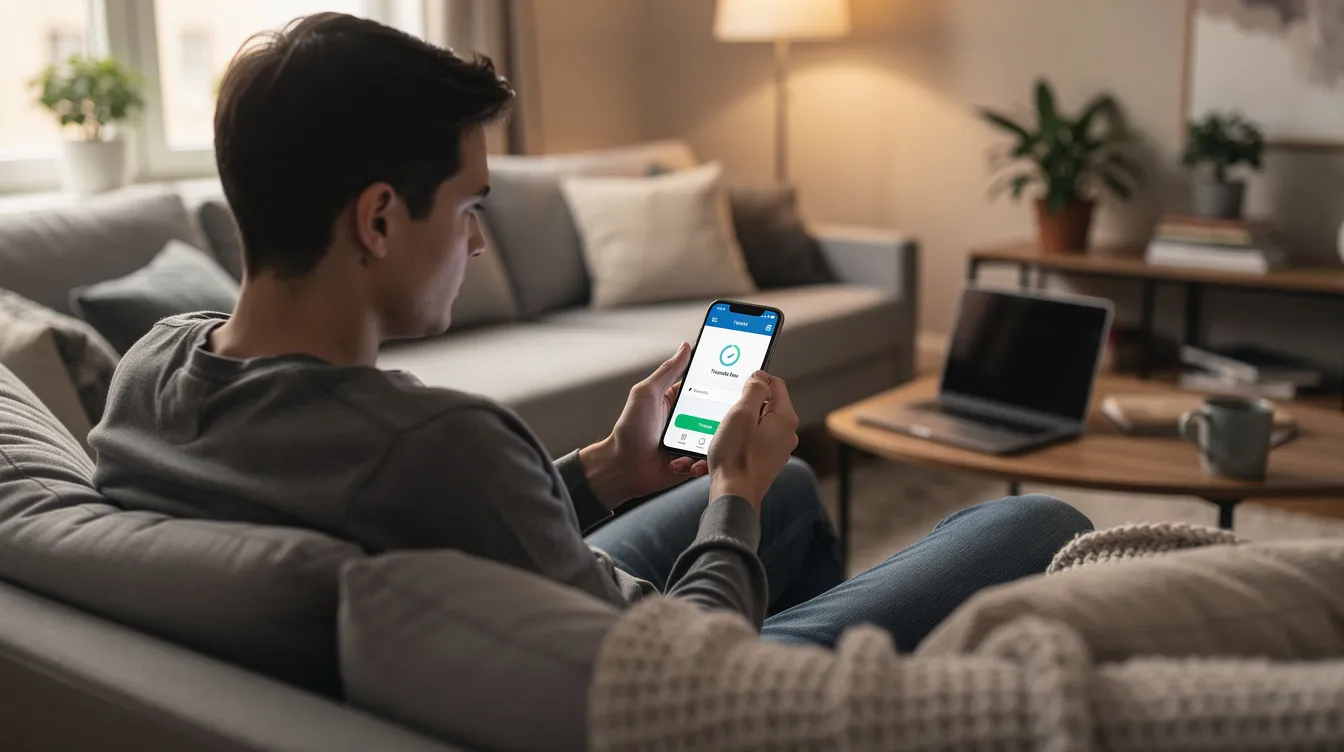 A person is sitting comfortably in a living room, using a smartphone app to complete a money transfer, highlighting the ease of managing a Roshan digital account for overseas Pakistanis. The scene reflects the growing digital financial opportunities available to non-resident Pakistanis, supporting Pakistan's economy.