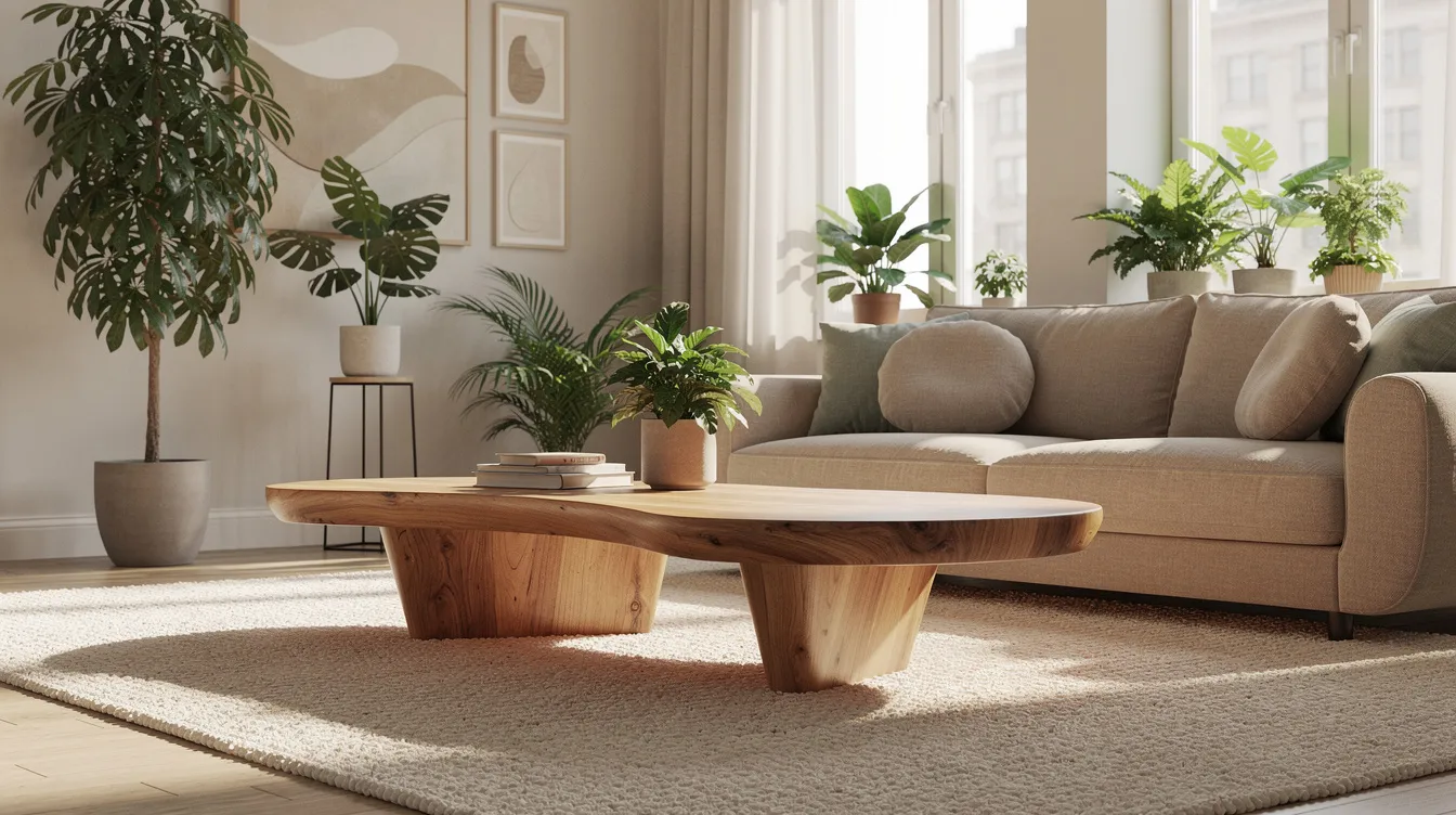 In een moderne woonkamer staat een unieke organische salontafel van massief hout, omringd door een zachte bank en groene planten. Het licht vloerkleed benadrukt de vloeiende lijnen en zachte rondingen van de tafel, wat bijdraagt aan de uitnodigende sfeer van de ruimte.