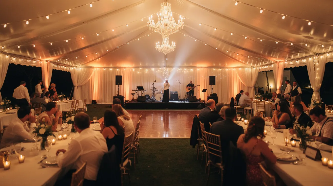 A wide-angle view of a beautifully decorated tent wedding reception, featuring warm lighting and ambient uplighting on the tent poles. A live band performs on stage, creating an inviting atmosphere for guests to enjoy the celebration, with LED screens potentially displaying video messages or the wedding hashtag prominently.