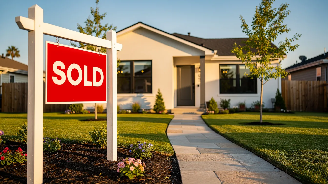 The image shows a "sold" sign prominently displayed in front of a freshly renovated single-family home, which features new landscaping that enhances its curb appeal. This scene represents a successful real estate transaction, appealing to real estate investors and those considering hard money loans for purchasing investment property.