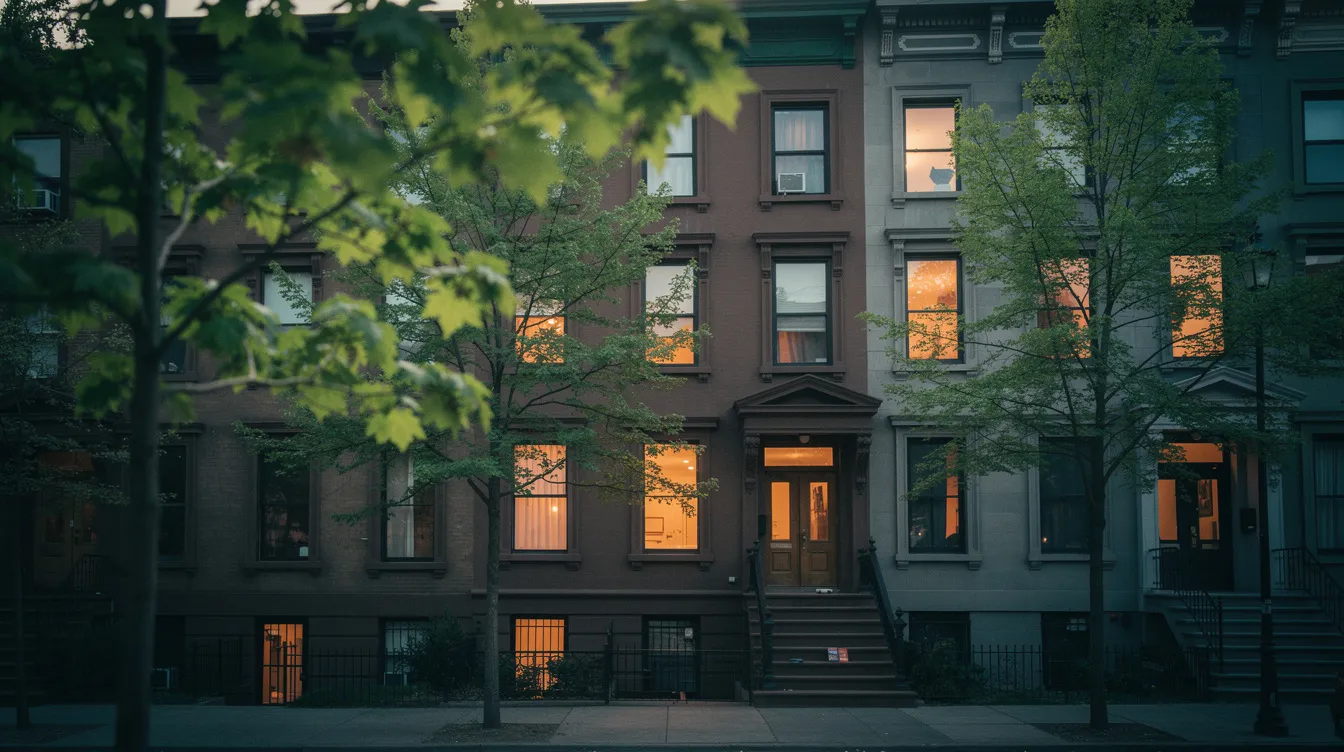 The image captures a tranquil row of three-story brownstones in Park Slope at dusk, with warm light glowing from upper-floor windows and young maple trees softly blurred in the foreground. An empty stoop with a forgotten paperback book adds a sense of stillness to the scene, framed by a cool blue evening sky transitioning over the rooftops, evoking a painterly atmosphere reminiscent of classic Brooklyn architecture.
