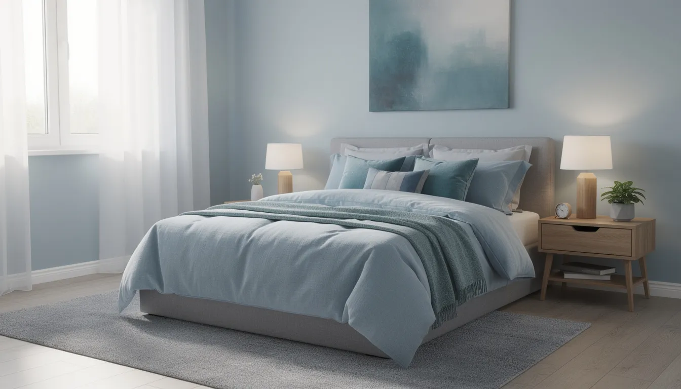 The image depicts a comfortable bedroom setup featuring cool colors and ample natural lighting, designed to promote restful sleep for perimenopausal and menopausal women. The serene environment supports relaxation and aims to improve sleep quality, addressing common menopause symptoms such as insomnia and mood swings.