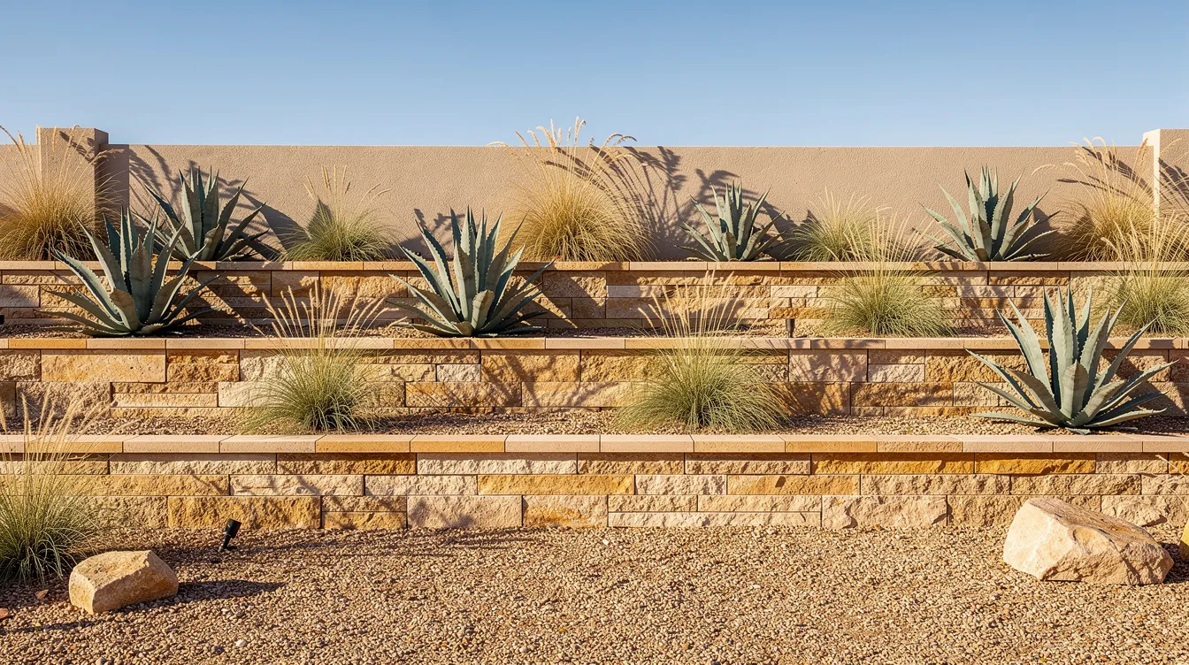 The image features a tiered retaining wall constructed from natural stone, creating a visually appealing hardscape element in a desert backyard. Each level of the wall is adorned with agave and ornamental grasses, enhancing the outdoor space's aesthetic appeal and contributing to effective soil erosion management.