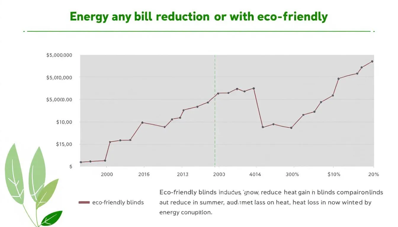 A comparison chart illustrates the reduction in energy bills over time when using eco-friendly blinds, highlighting tremendous energy savings in both residential and commercial settings. The chart emphasizes the impact of energy-efficient window treatments, such as cellular shades and roller shades, on energy consumption and costs.