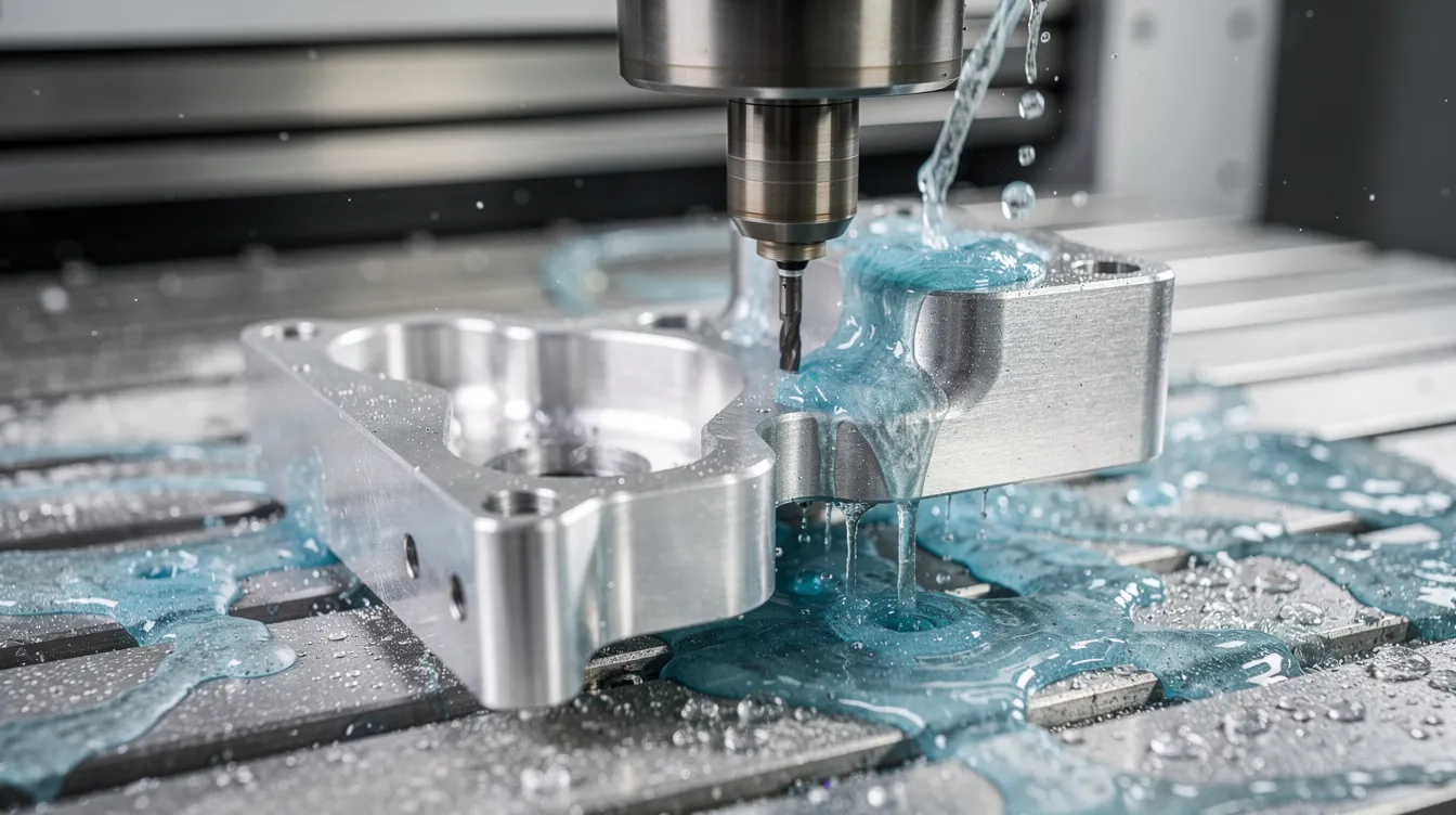 A close-up view of a CNC milling machine actively cutting a complex aluminum aerospace bracket, with coolant flowing over the workpiece to ensure precision and maintain temperature. This advanced machining process is vital in the aerospace industry for creating high-quality, tight tolerance components used in aircraft and other aerospace applications.