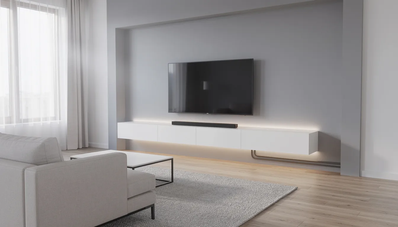 The image depicts a modern living room featuring a wall-mounted television, with neatly organized cables for an entertainment system, showcasing a clean and stylish home entertainment setup. This space highlights the importance of professional DSTV installation services for an optimal viewing experience.