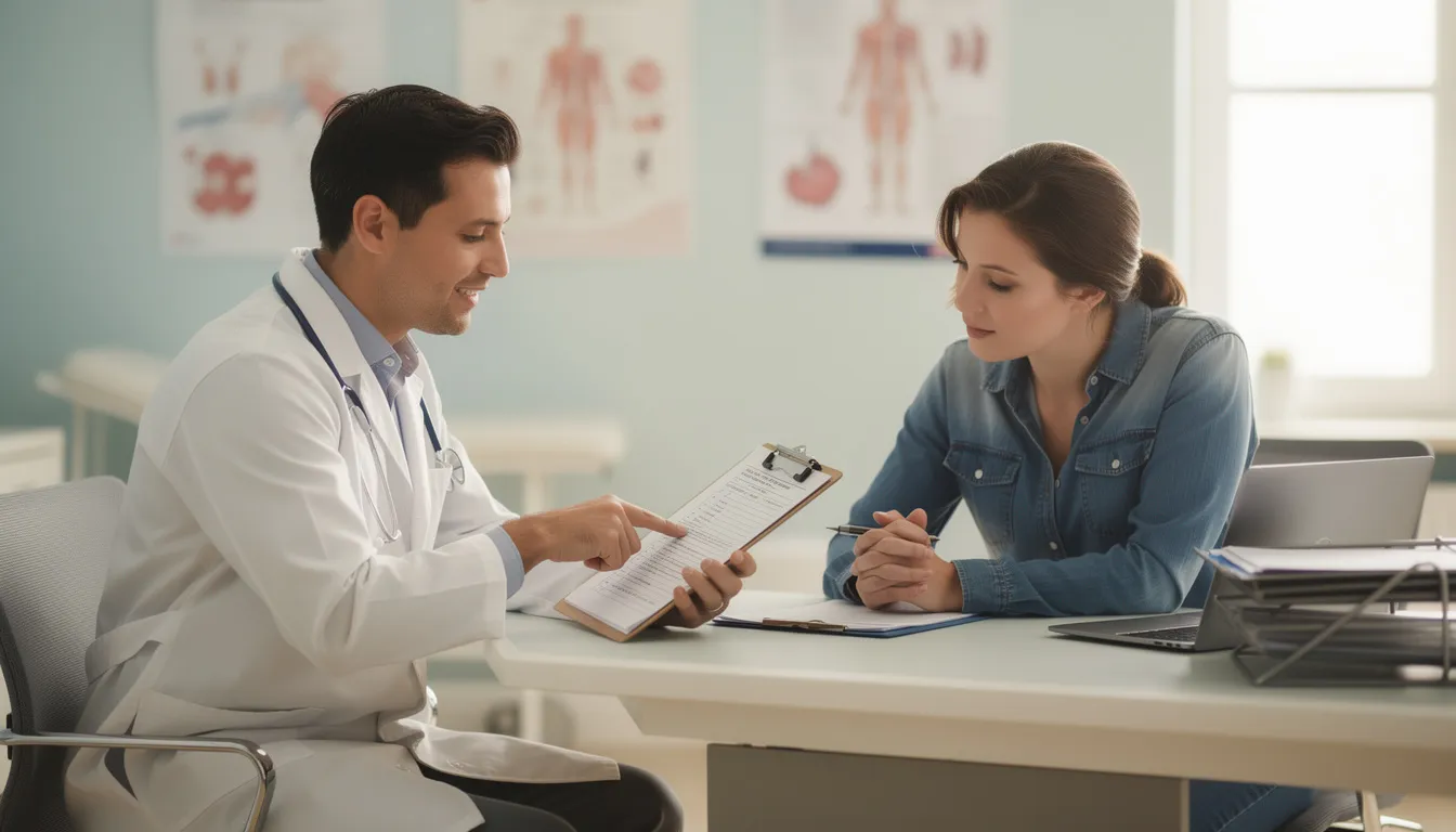 The image shows a medical professional sitting at a desk, reviewing documents with a patient who appears engaged and attentive. This scene highlights the importance of healthcare providers in discussing workers compensation benefits and addressing workplace injuries in accordance with Colorado's employment laws.