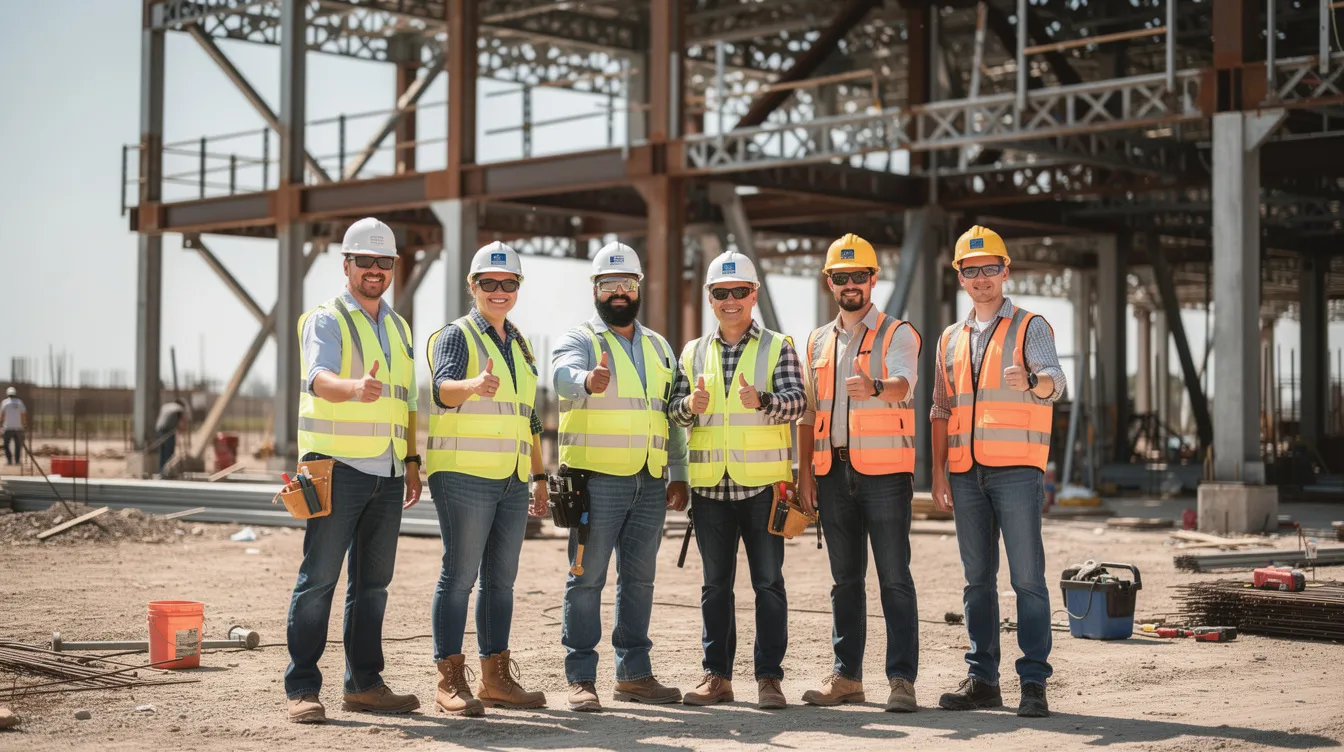 A group of construction workers at a jobsite are smiling and giving a thumbs-up, with steel framing visible in the background, showcasing a positive safety culture and effective construction safety training. The image reflects the commitment to workplace safety and proactive hazard identification in the construction industry.