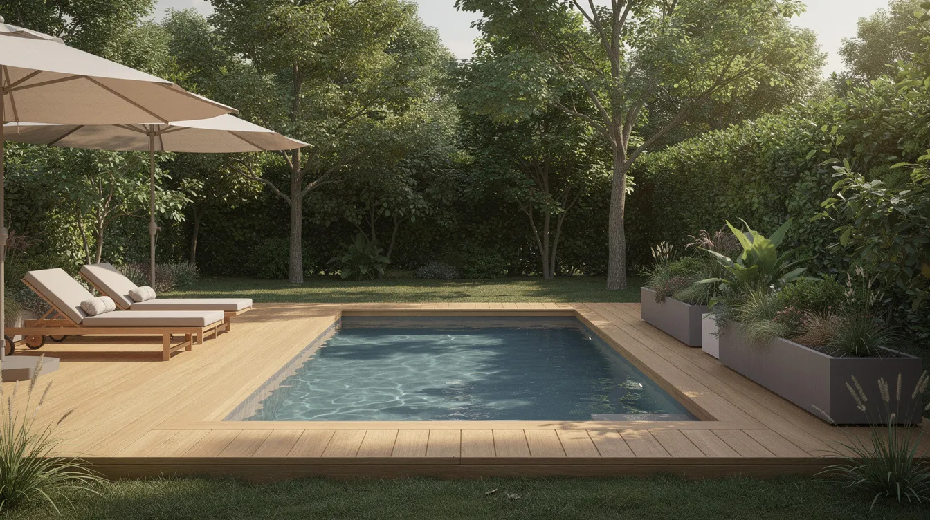 The image depicts a compact backyard swimming pool surrounded by a stylish wood deck, complete with umbrellas and planters that add visual interest. Mature trees provide shade, creating an inviting outdoor space perfect for entertaining and relaxing during the summer months.